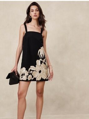 Banana Republic Factory Black Mini Shift Dress with Cream Floral Embroidery